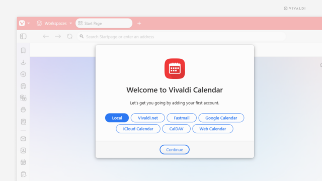 Dialog for adding a new calendar account to Vivaldi Calendar open over the browser window.
