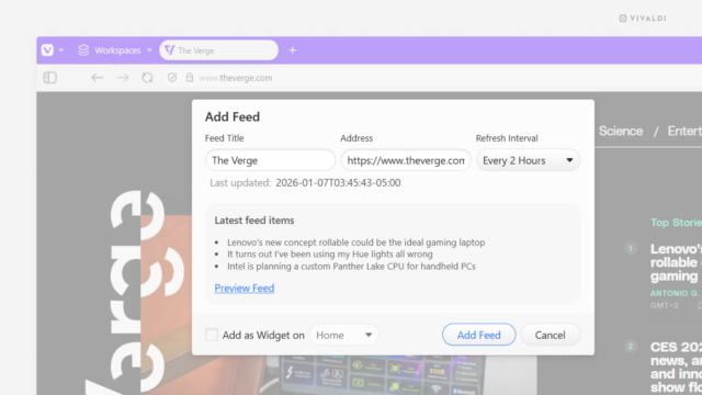 Dialog for adding a new feed to Vivaldi Feeds open over the browser window.
