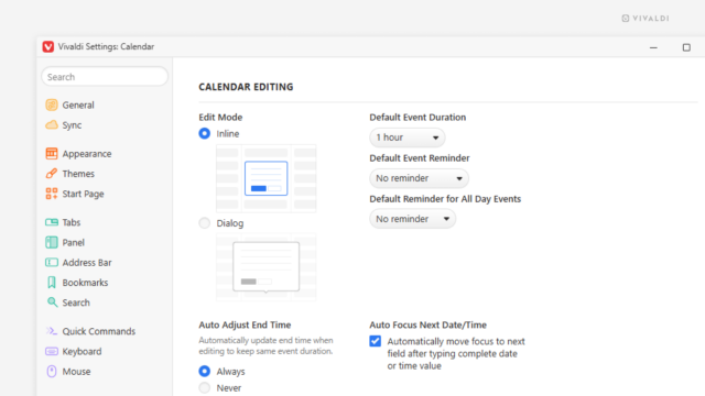 Calendar section open in Settings window.