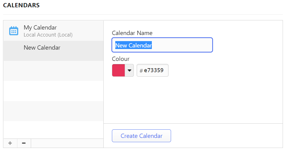 Creating a new calendar in Calendar settings