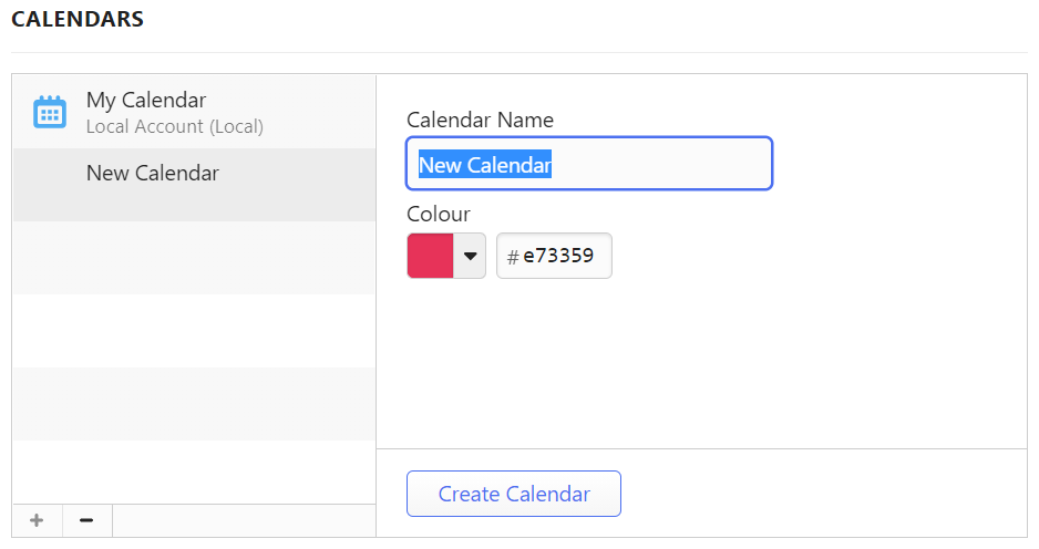 Creación de un nuevo calendario en Opciones de calendario