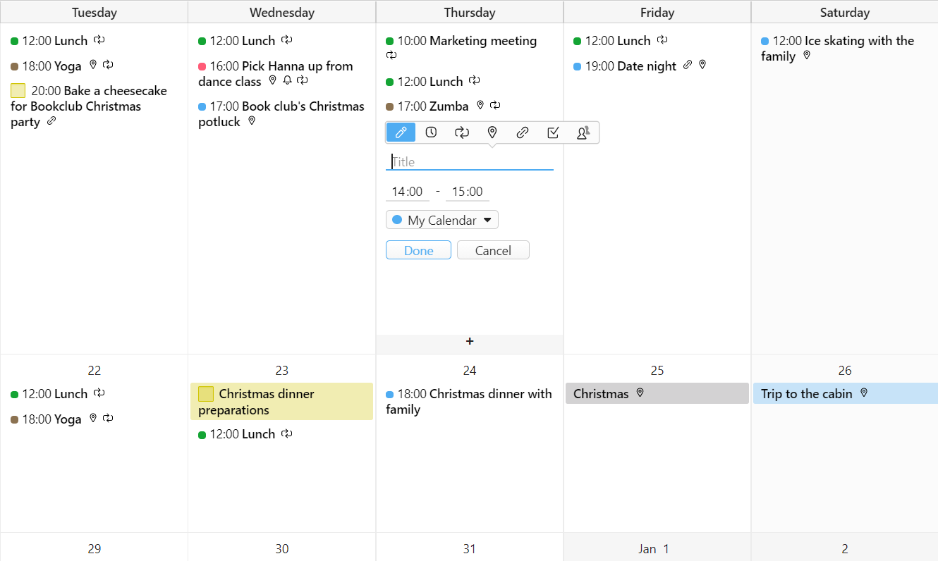 Месечен изглед на календара с отворен вграден редактор на събития