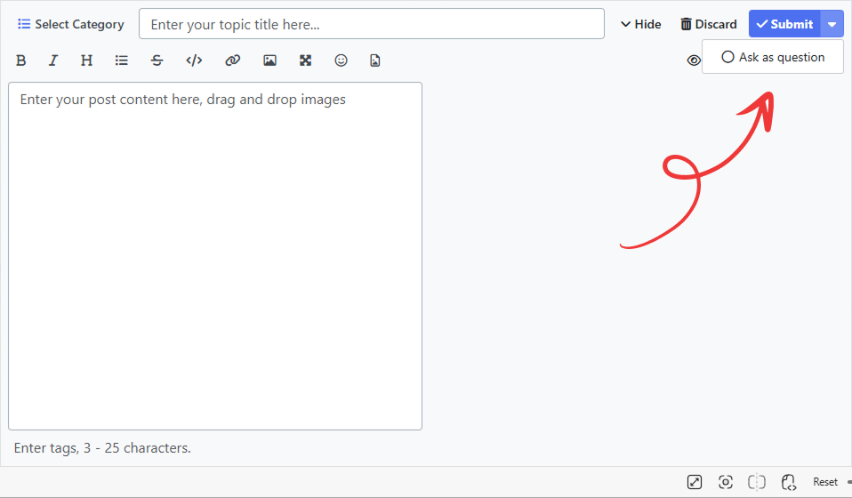 Vivaldi Forum post editor. An arrow points at the "Ask as question" setting.