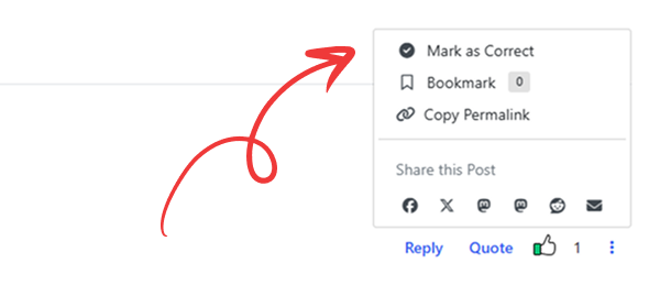 Forum post menu. An arrow points at the "Mark as Correct" option.