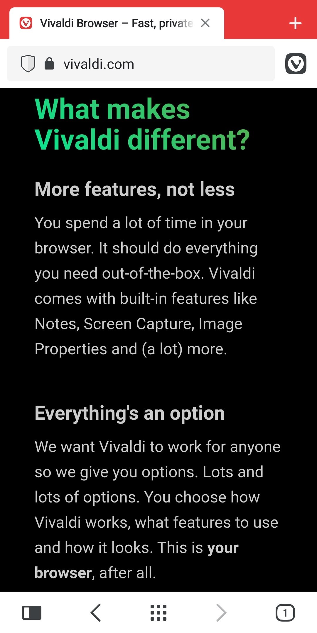 Vivaldi.com, nachdem die Seitenaktion "Filter umkehren" aktiviert wurde.