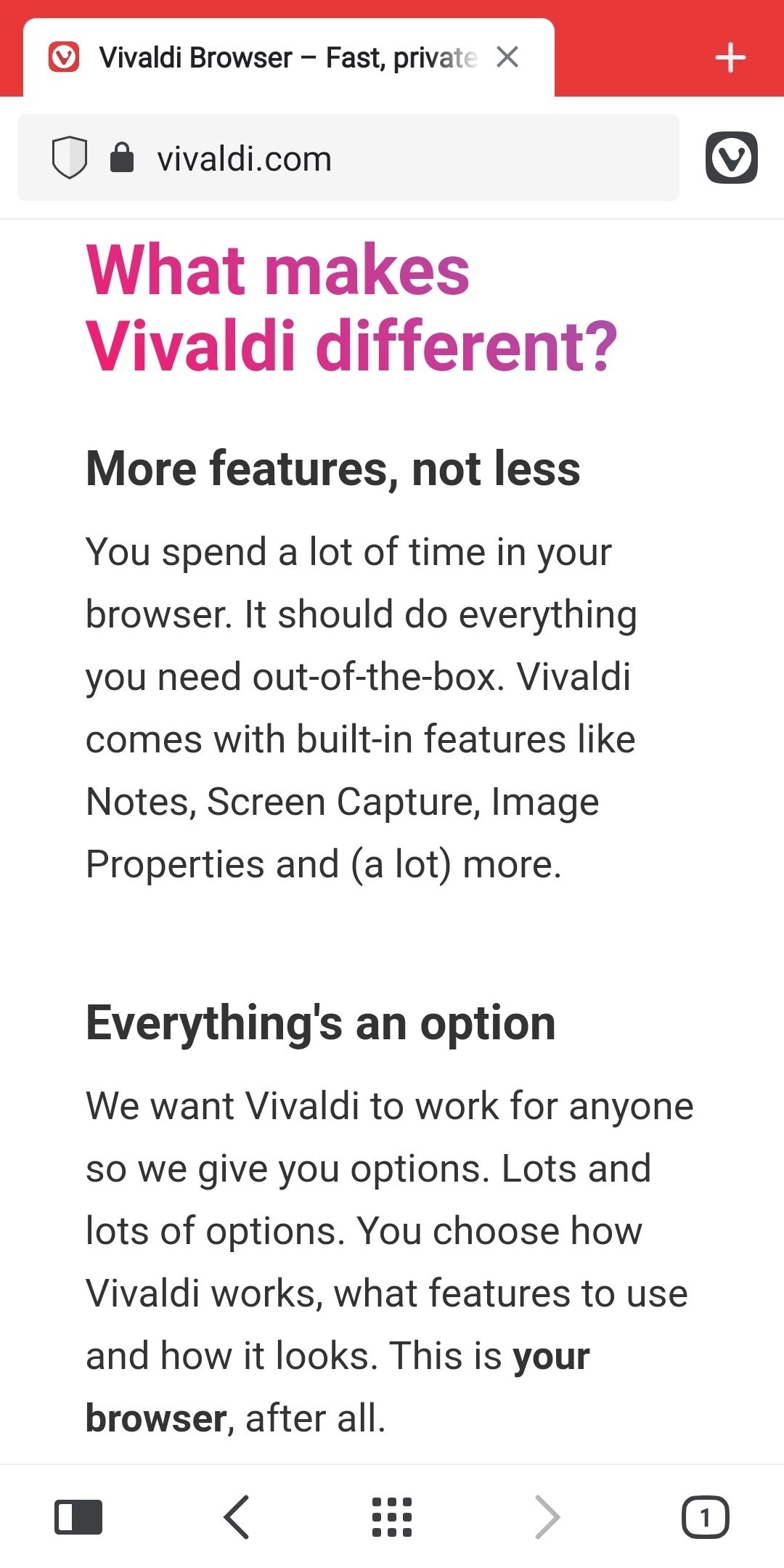 Vivaldi.com на Android до того, як були застосовані Ефекти сторінки.