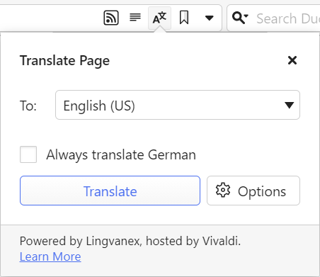 Translate page pop up dialogue