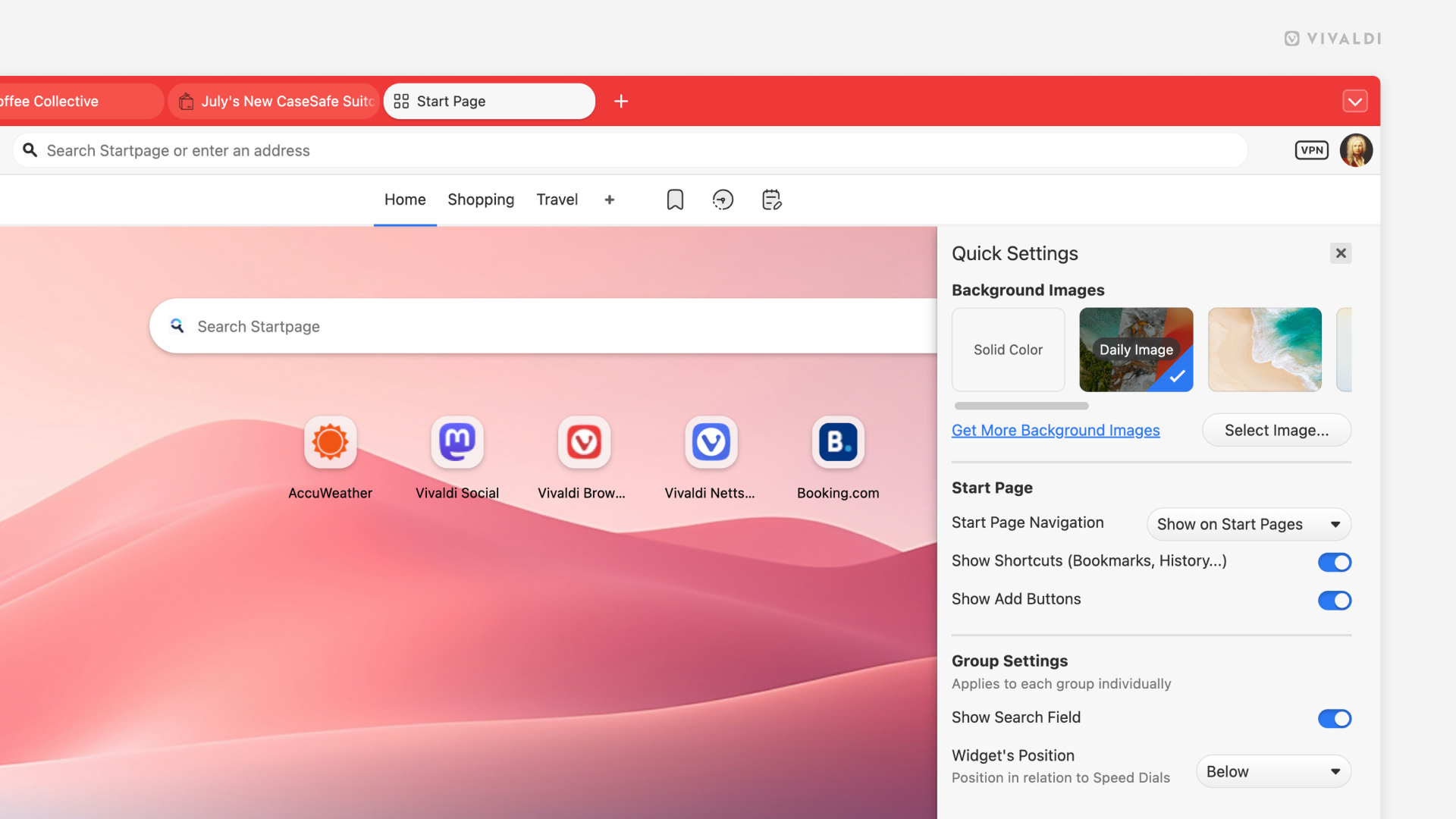 Start Page's Quick Settings open in the Vivaldi browser.