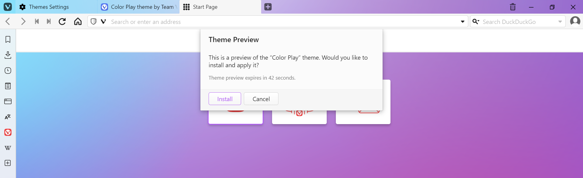 Theme preview with an install dialog.