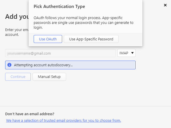 Mail account setup window with a pop-up to choose the authentication method.
