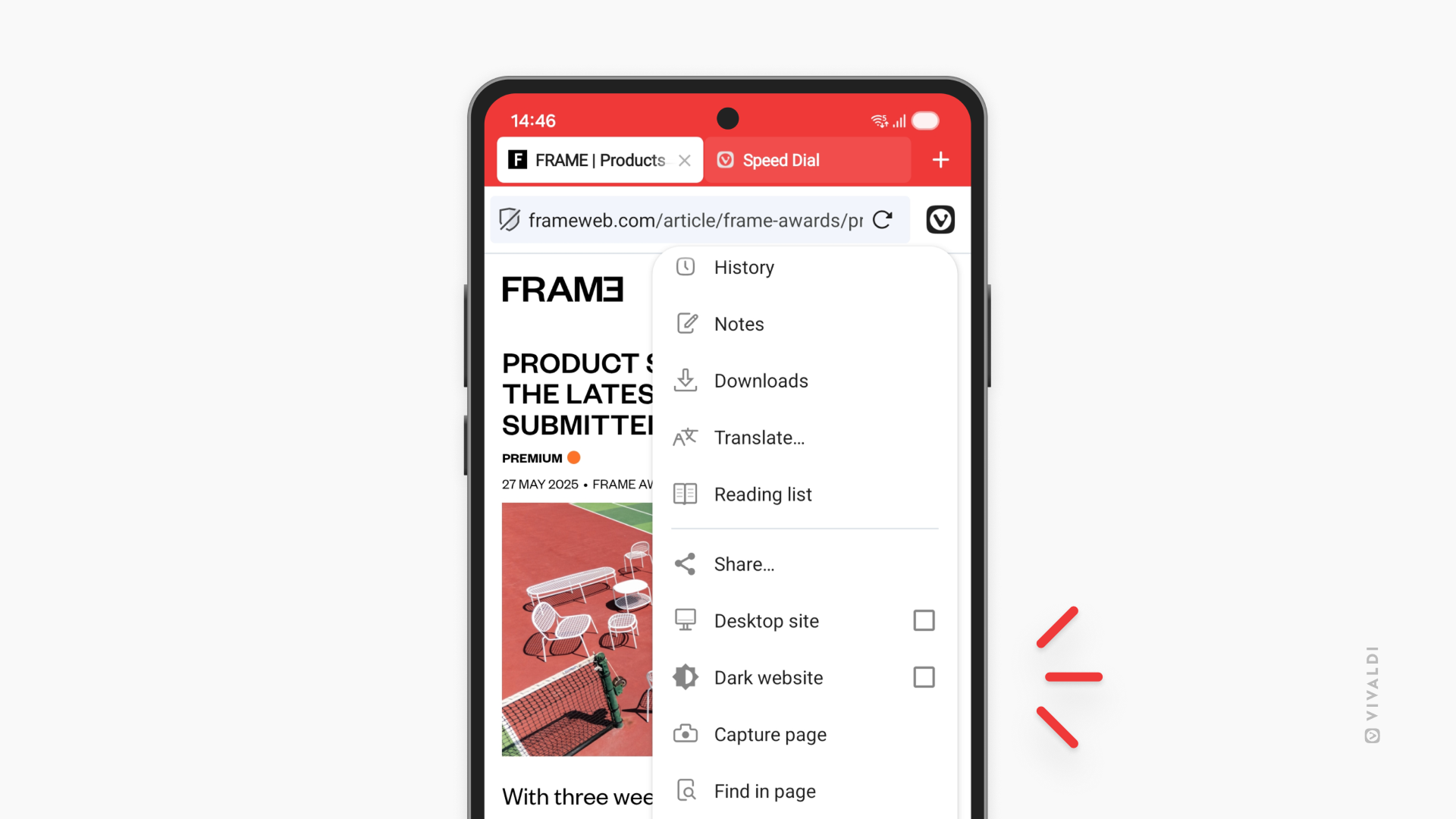 The main app menu open in Vivaldi on Android. "Dark website" option is highlighted.