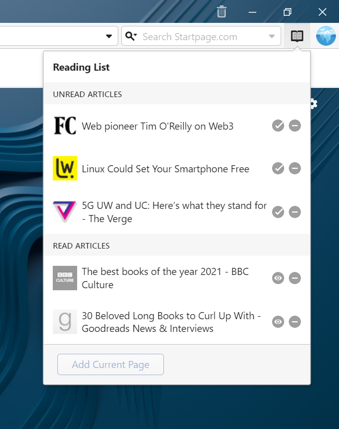 Vivaldi Window with the Reading List open showing a few added articles.