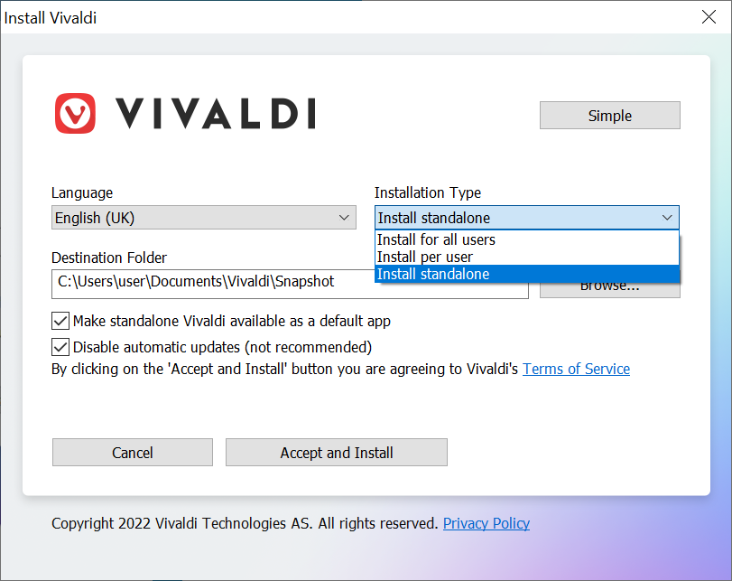 Ventana del instalador del navegador Vivaldi.
