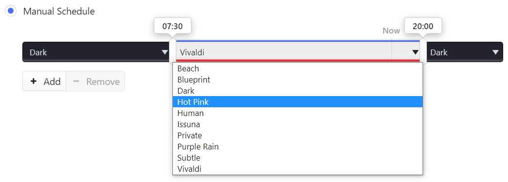 Manual theme scheduling options in Settings.