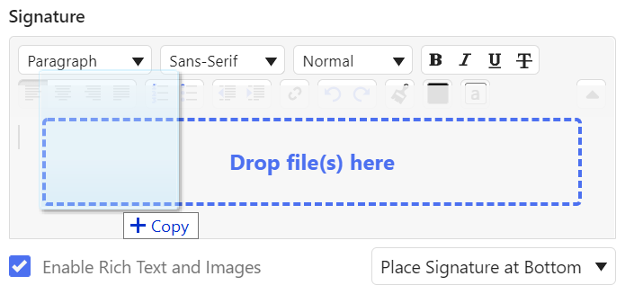 Signature section in Mail settings with an image being dragged to the text field.