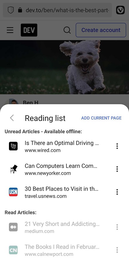 Список чтения на Android | Vivaldi Browser Help