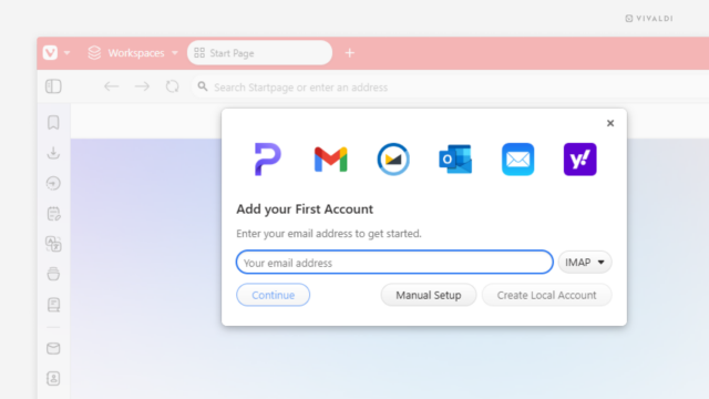Dialog for adding a new mail account to Vivaldi Mail open over the browser window.