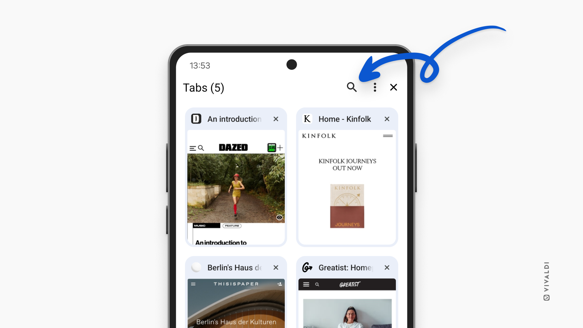 Sélecteur d’onglets dans Vivaldi pour Android. Une flèche pointe sur le bouton Rechercher.