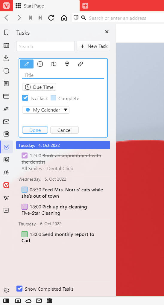 Metade da janela do navegador com o painel de tarefas aberto. O painel inclui algumas tarefas e o editor de tarefas está aberto. 