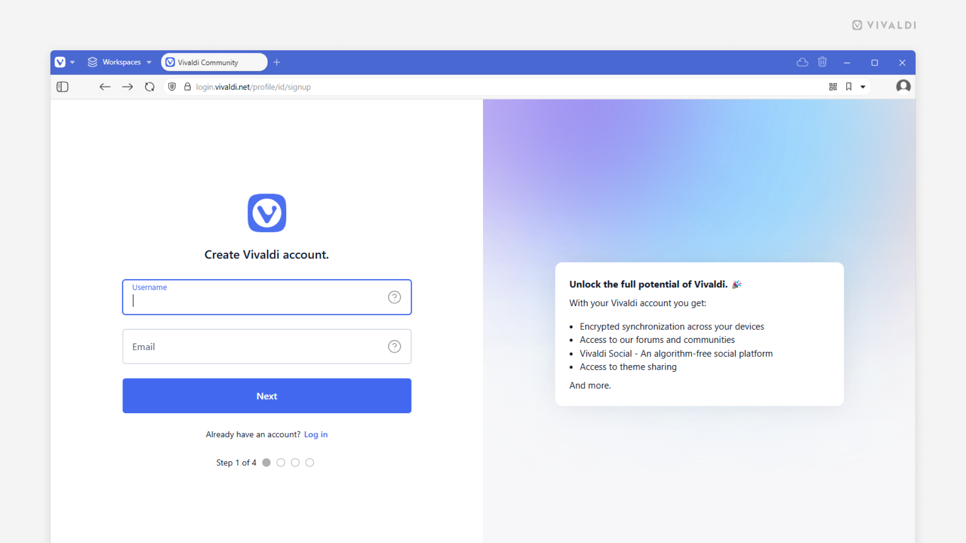 Vivaldi Account signup page.