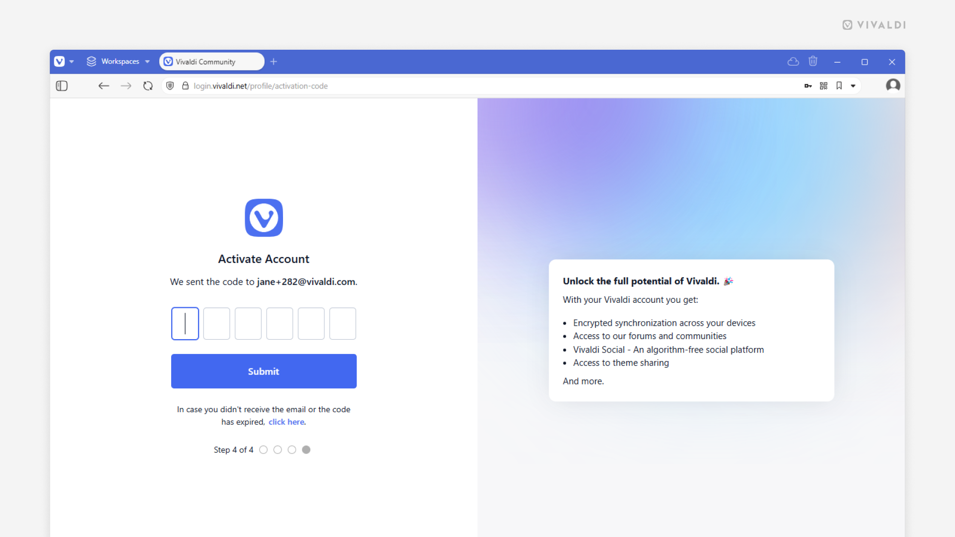 Vivaldi Account activation page