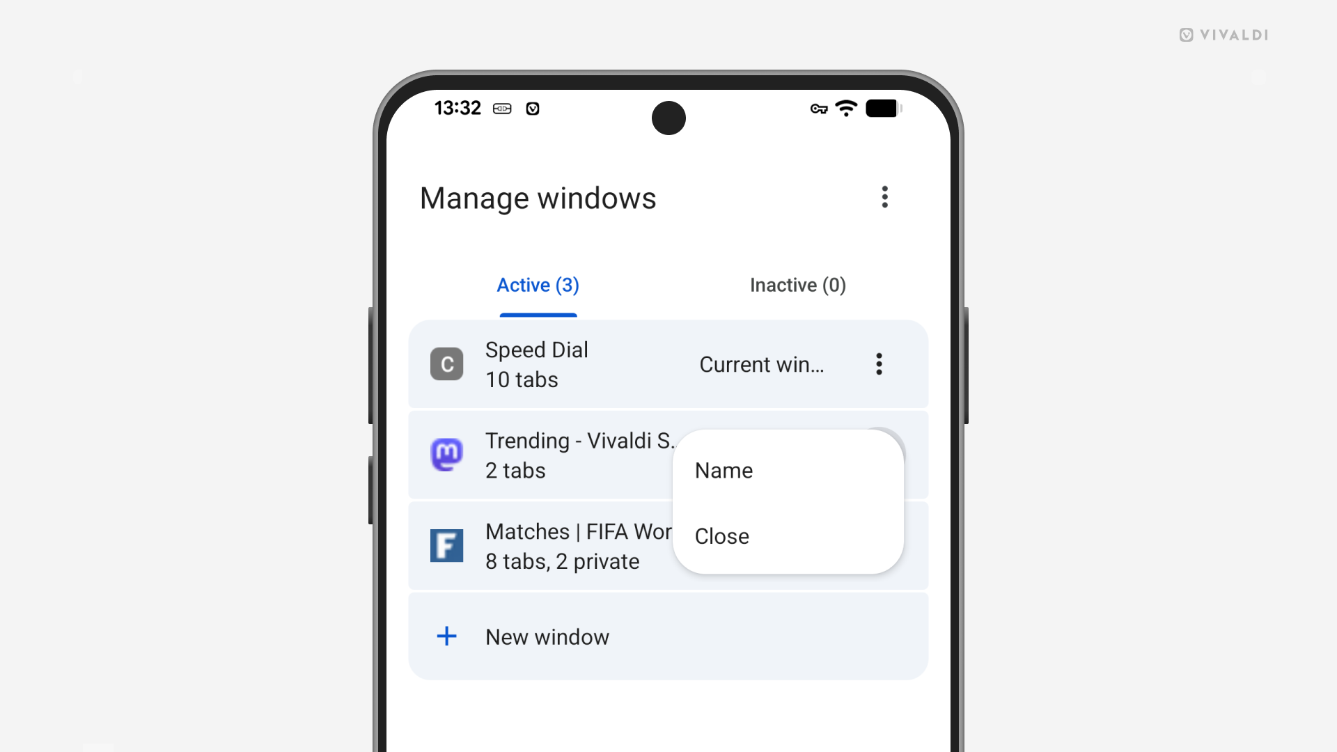 Организиране на изгледа с прозорци във Vivaldi под Android. Отворено контекстно меню с настройки за преименуване и затваряне.