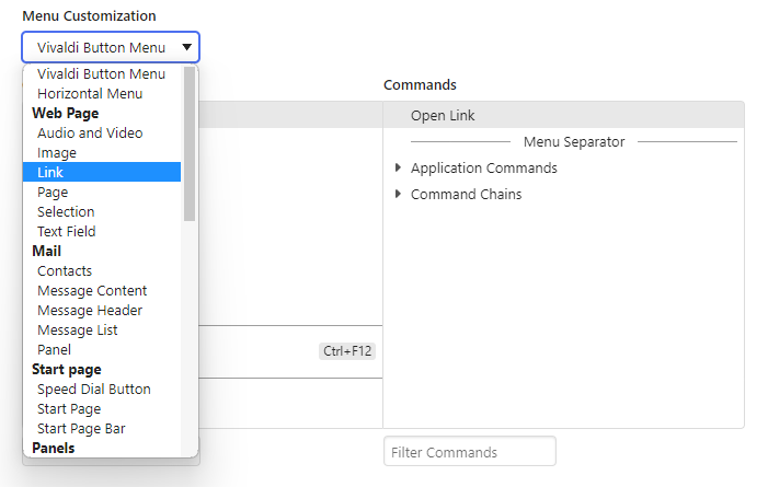 Menu customization settings with the dropdown menu open to select which menu the user wants to edit.