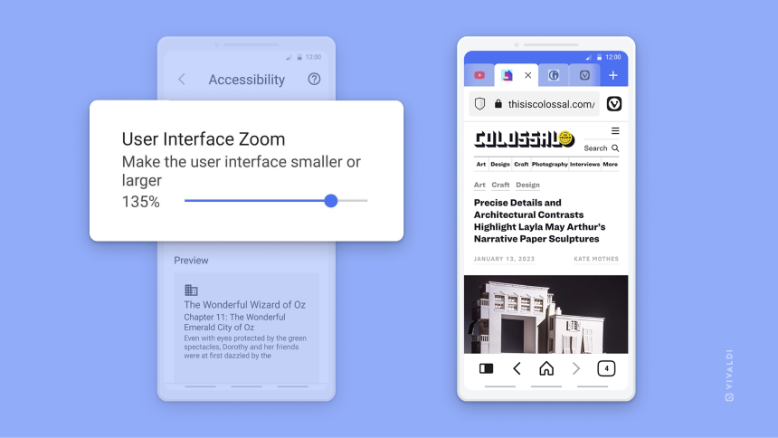 Deux téléphones. L’un affichant le paramètre Zoom de l’interface utilisateur dans les paramètres d’accessibilité. L’autre montrant l’interface utilisateur avec un niveau de zoom augmenté.