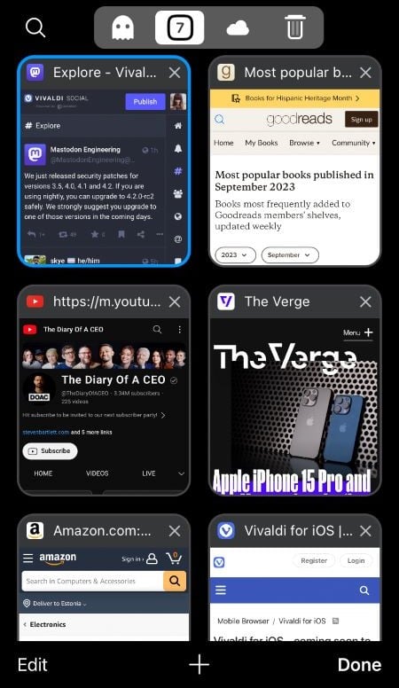 Sélecteur d’onglets dans Vivaldi sur iOS.