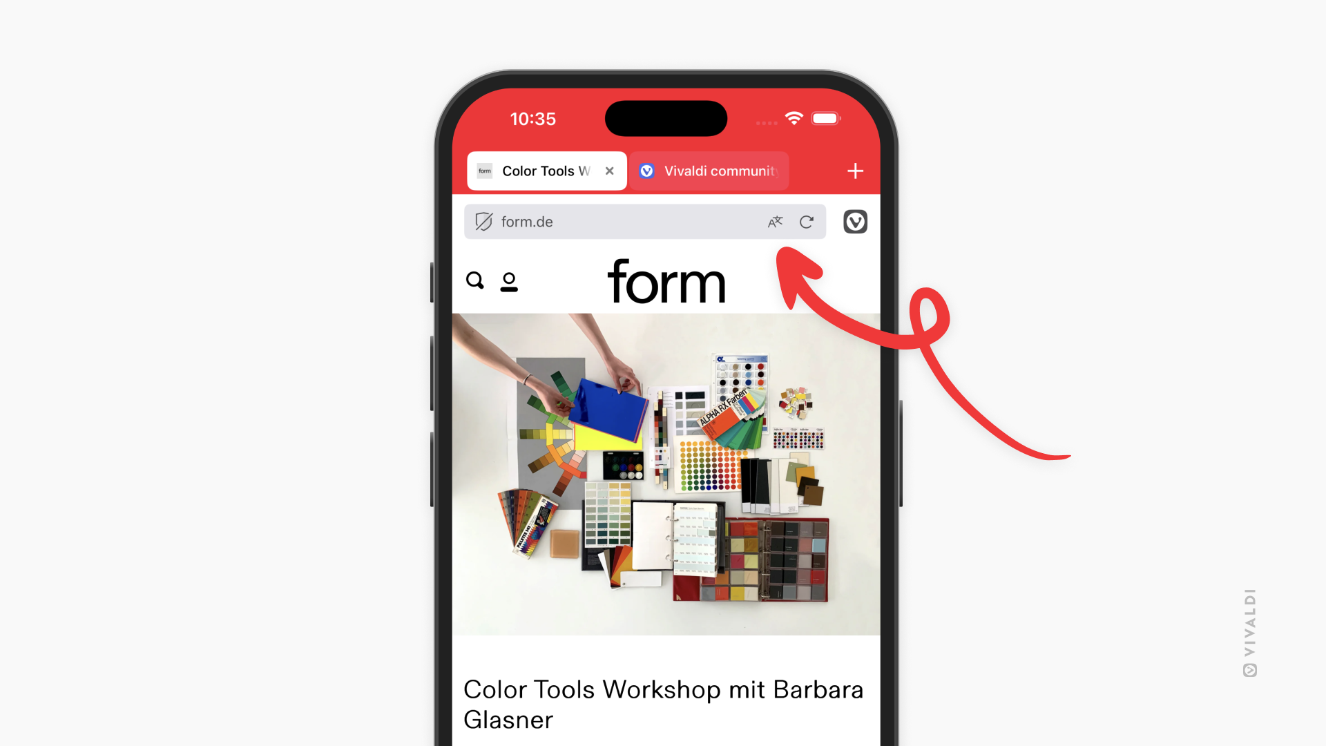 Vivaldi on iOS with a web page open. An arrow points to the translation button on the Address Bar.