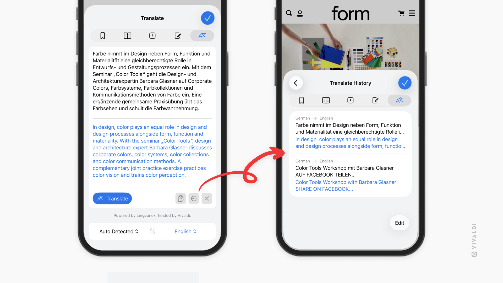 Two iPhones with the Translate Panel open. An arrow points from the Translate History button on one device to the history entries on the other phone. 