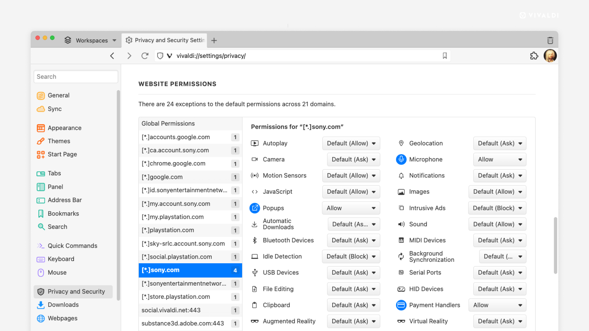 Website permissions in Vivaldi Settings.