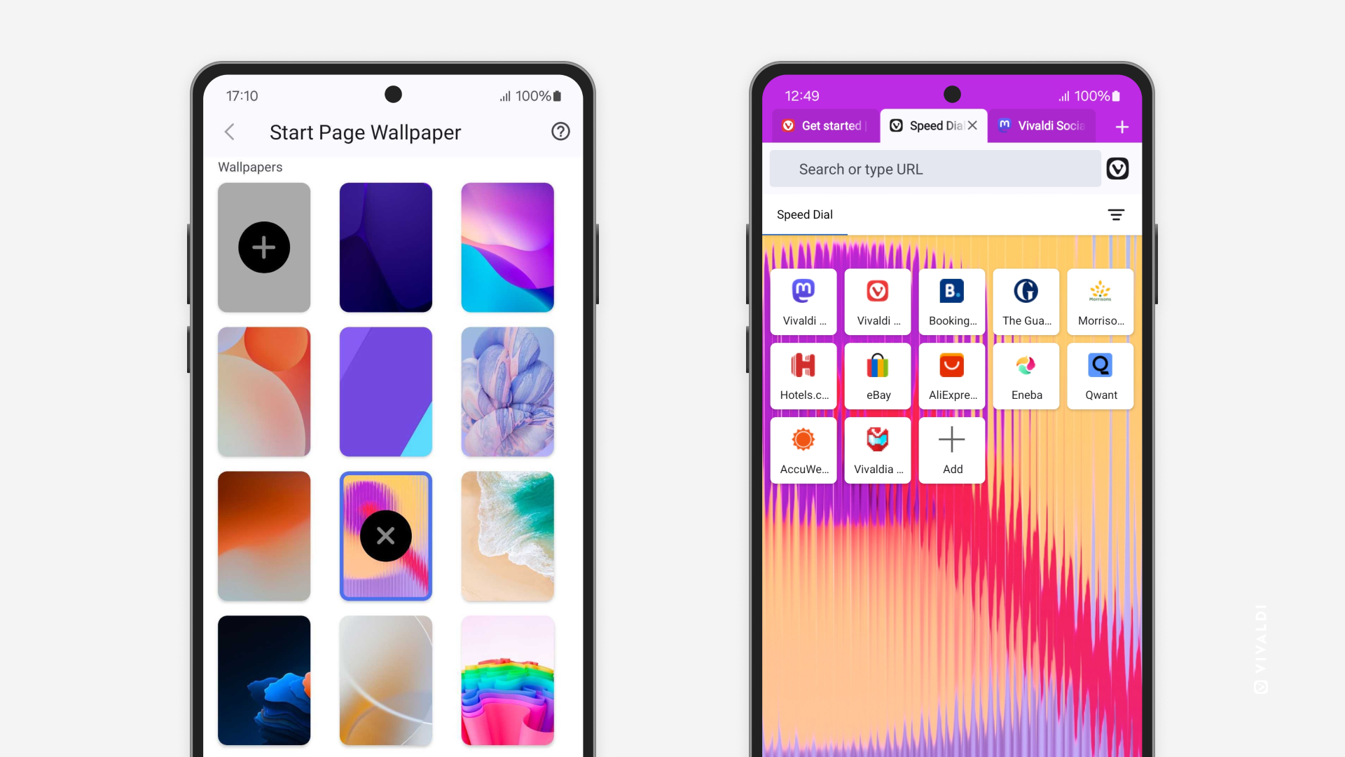 Two phones - one showing Start Page Wallpaper settings, the other showing the Start Page with a colorful wallpaper.