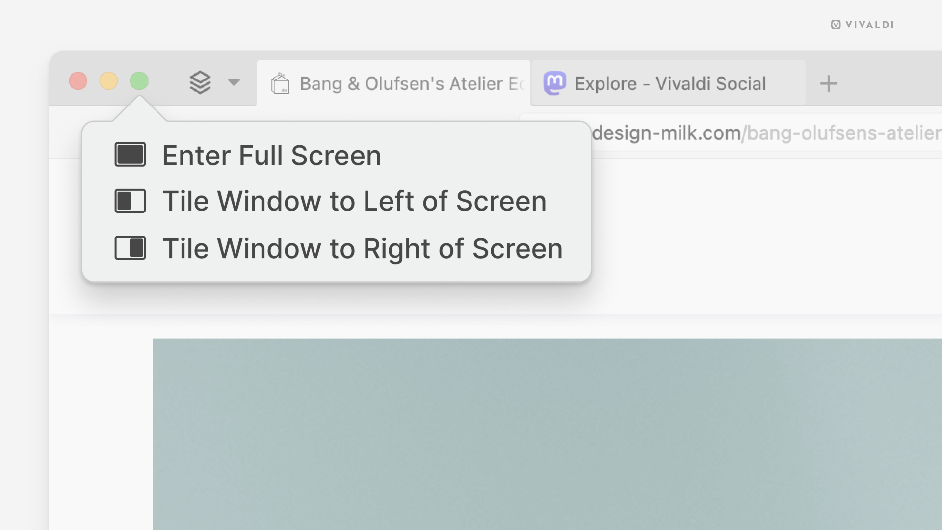 Ъгъл от прозореца на браузър Vivaldi под macOS с отворено меню за поделен изглед.