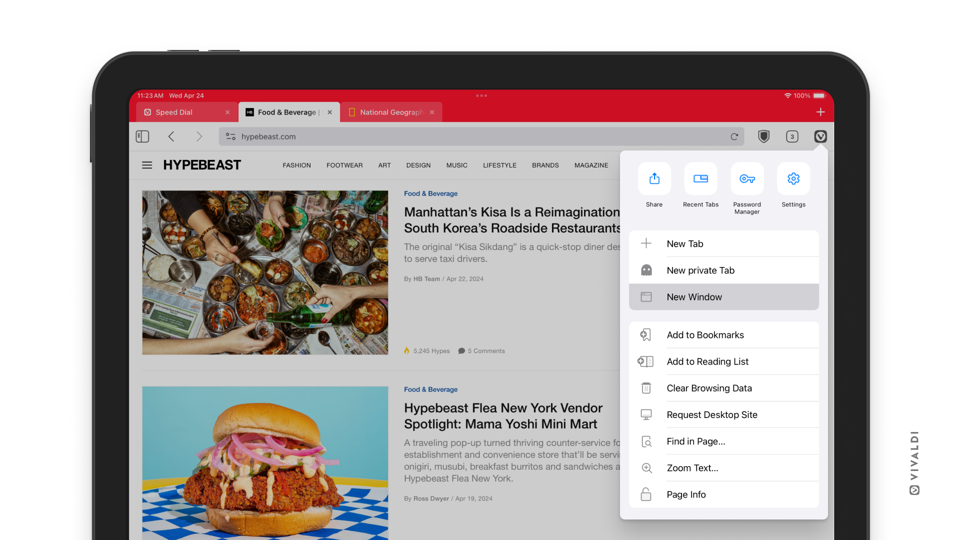 Vivaldi browser on an iPad. The main menu is open, highlighting the New Window option.