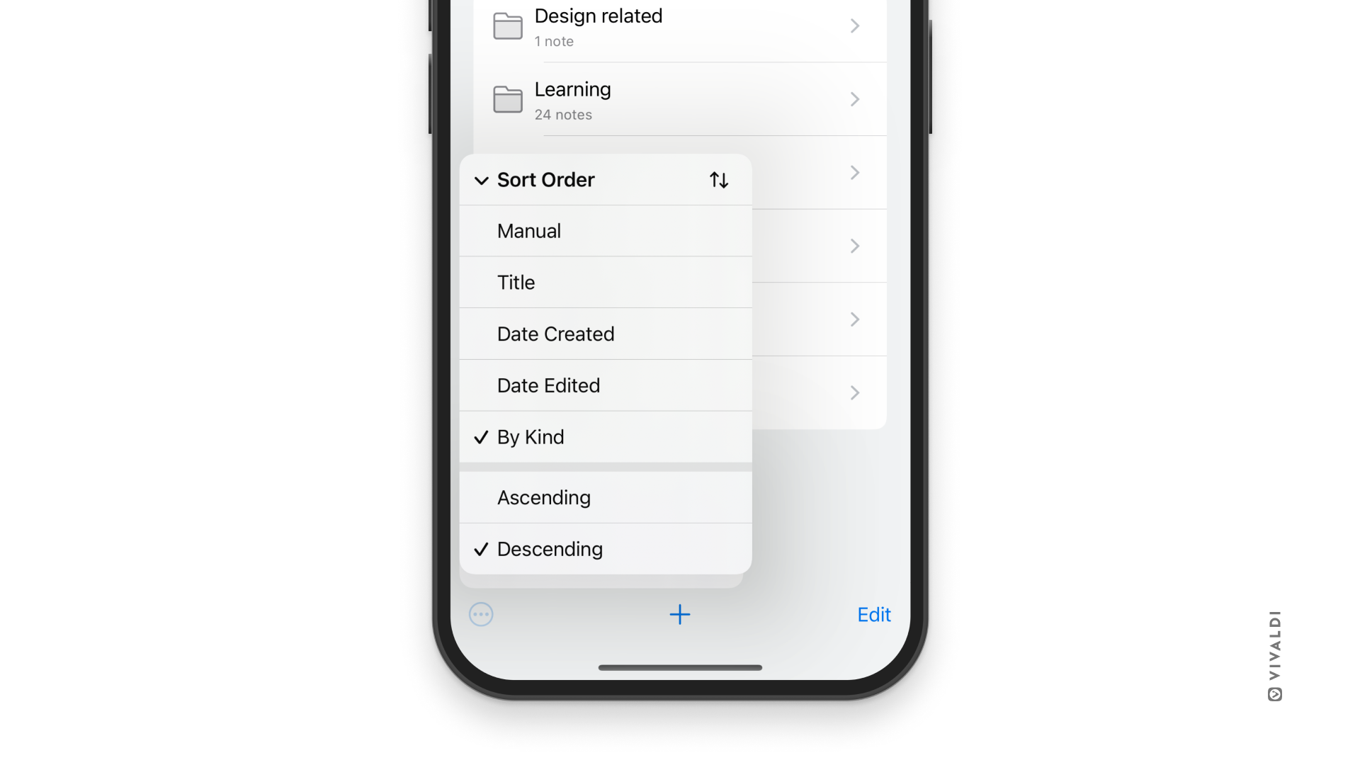 Vivaldi on iOS' Notes Panel with the sorting menu open.