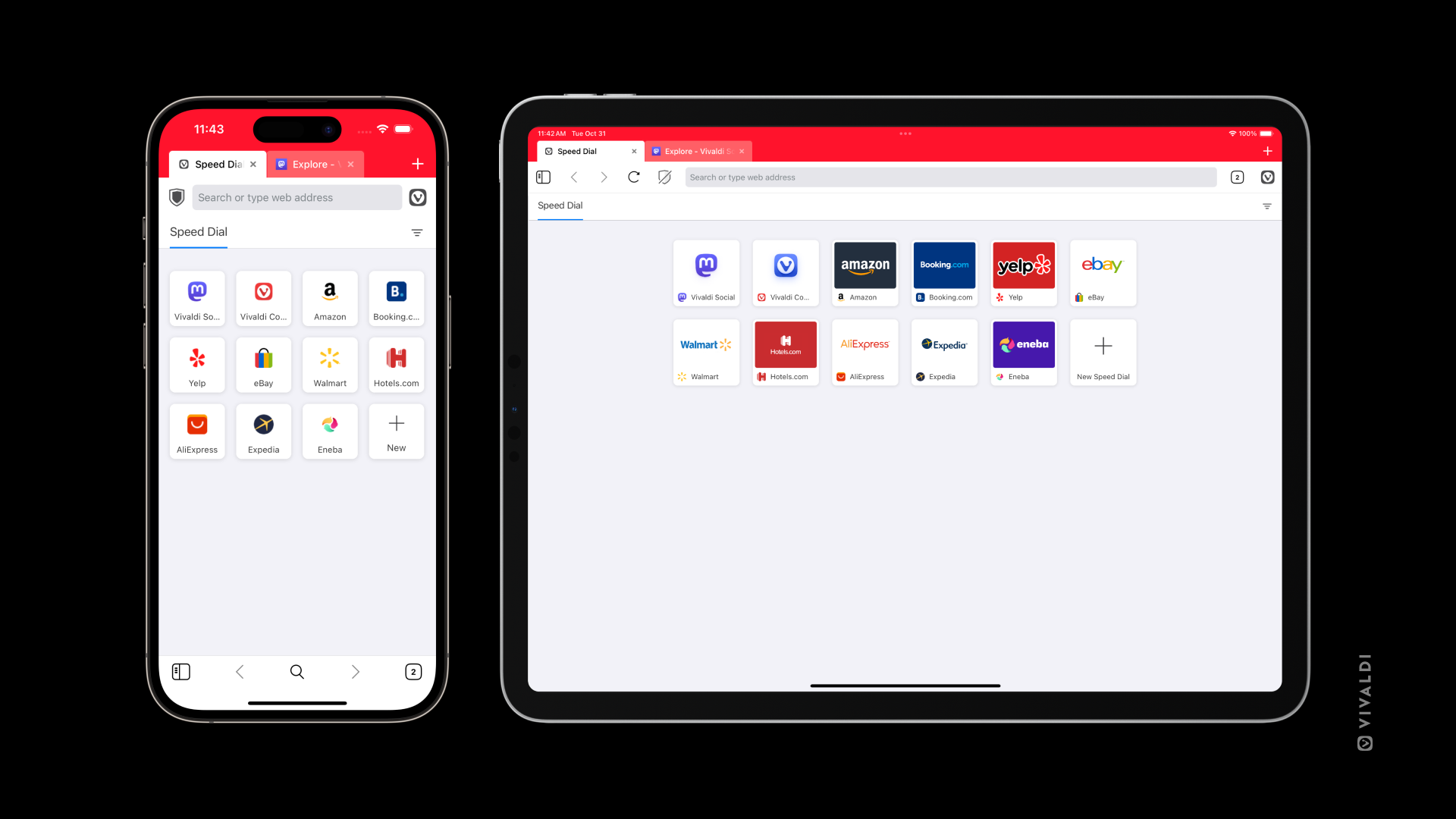 Vivaldi 的起始页，可在 iPhone 和 iPad 上使用快速拨号。