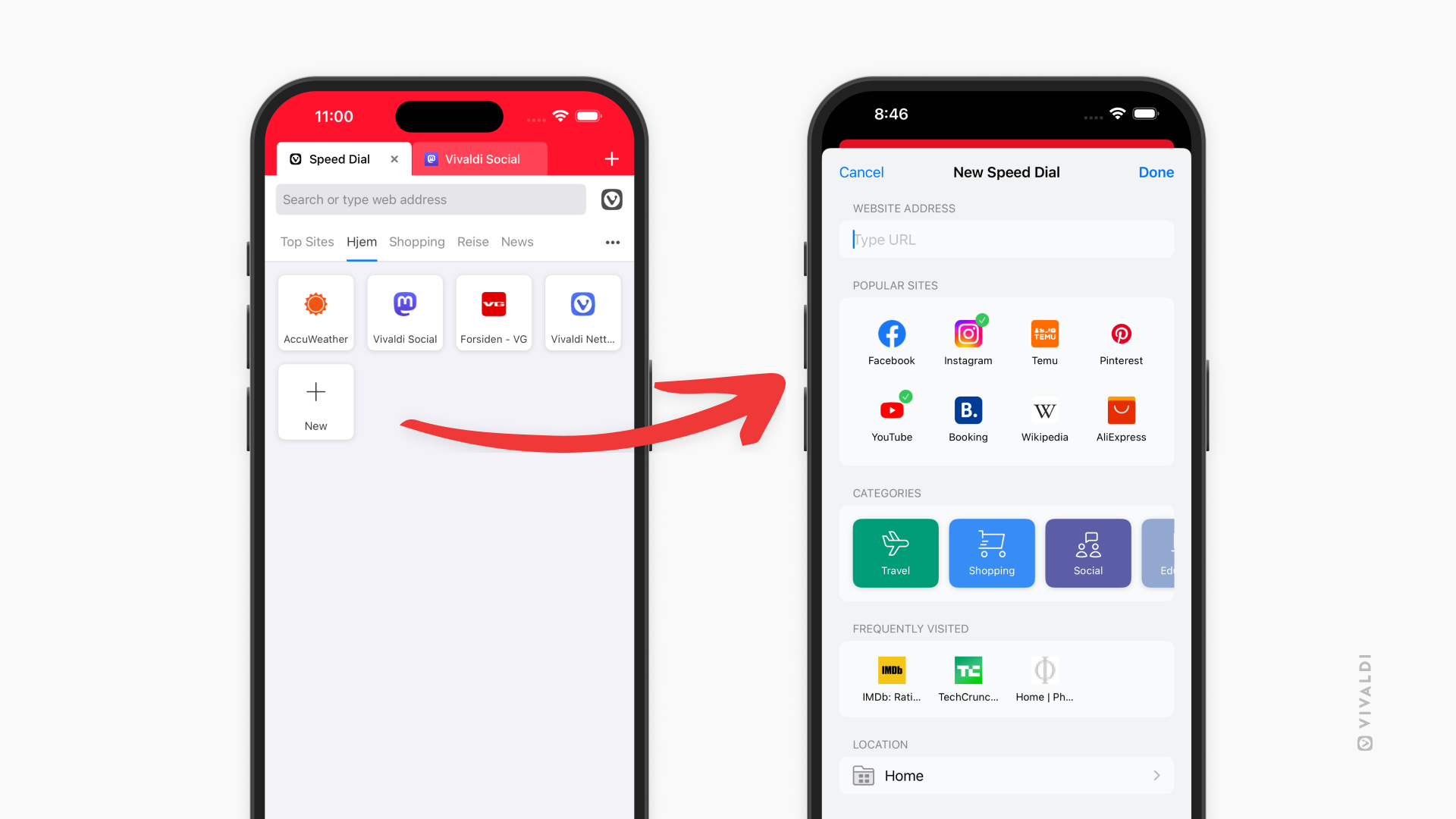 Two iPhones. One showing Vivaldi's Start Page with Speed Dials, the other showing the new add Speed Dial dialog. An arrow from the button on the Start Page points towards the second phone with the dialog.