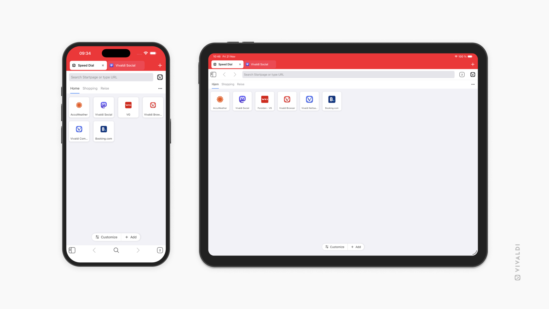 Vivaldi's Start Page with Speed Dials on an iPhone and iPad.