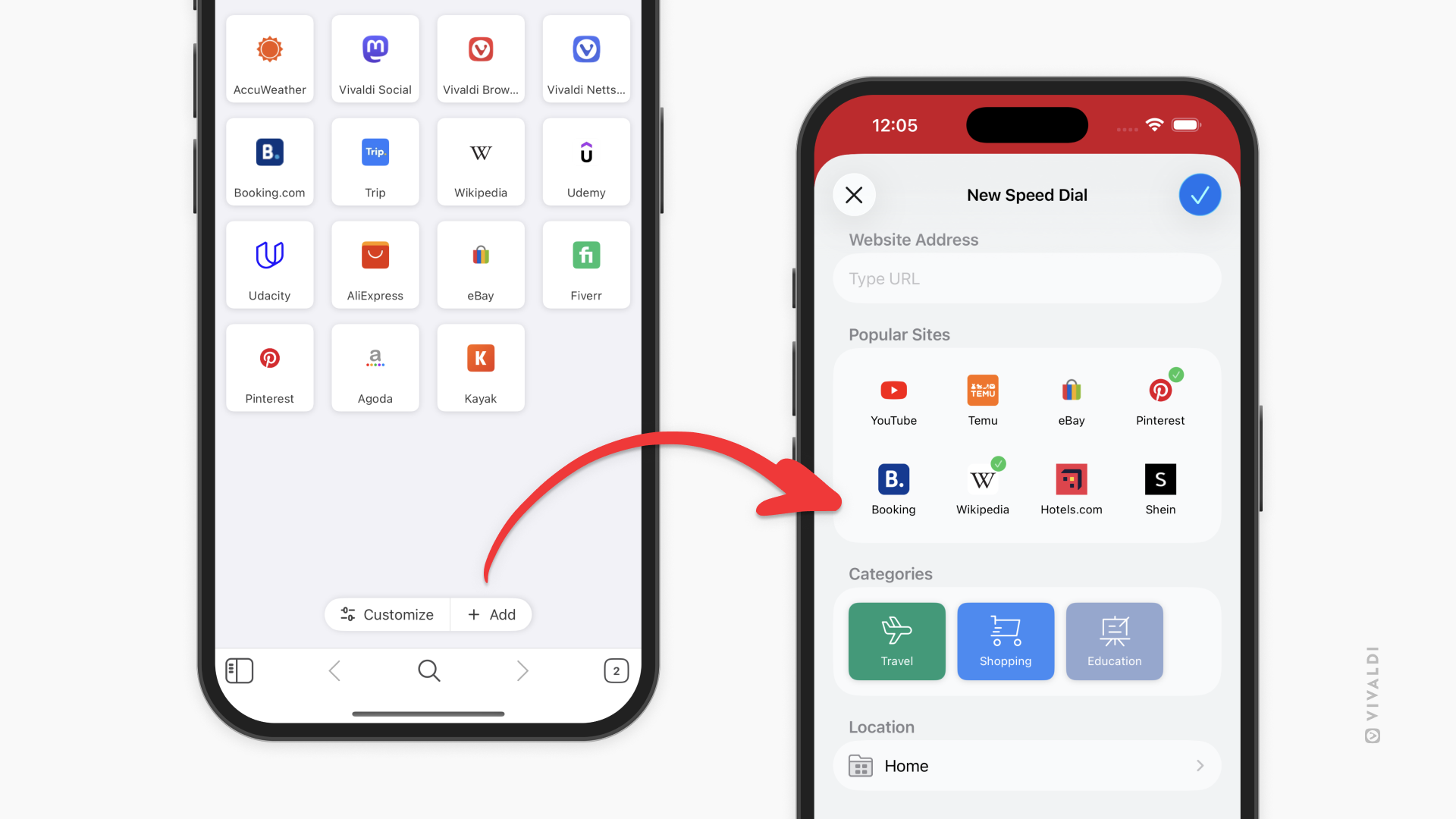 Two iPhones. One showing Vivaldi's Start Page with Speed Dials, the other showing the new add Speed Dial dialog. An arrow from the button on the Start Page points towards the second phone with the dialog.