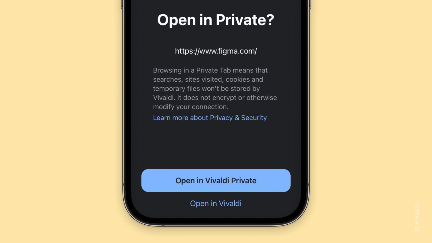 Vivaldi on iOS with a prompt asking whether you want to open a link from another app in Vivaldi's private or regular tab.