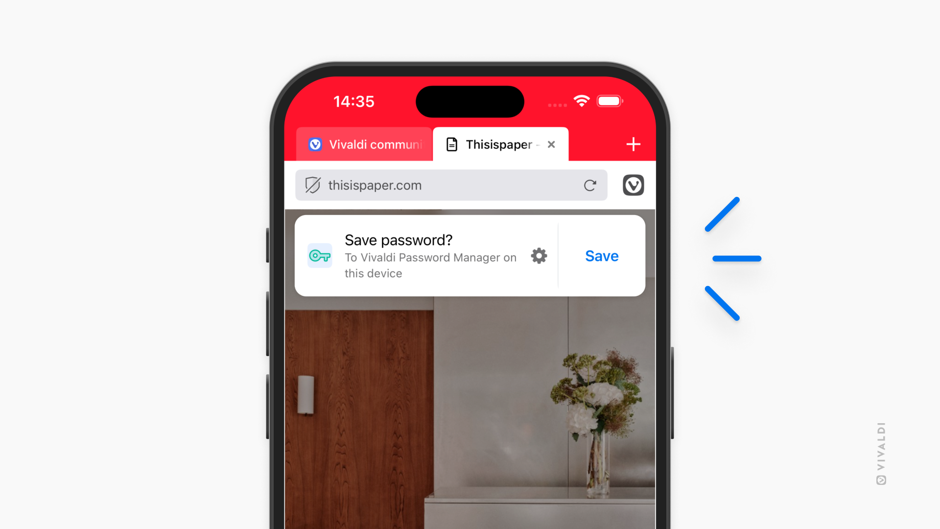 A web page open in Vivaldi on iOS. Banner recommending to save the login password is displayed below the Address Bar.