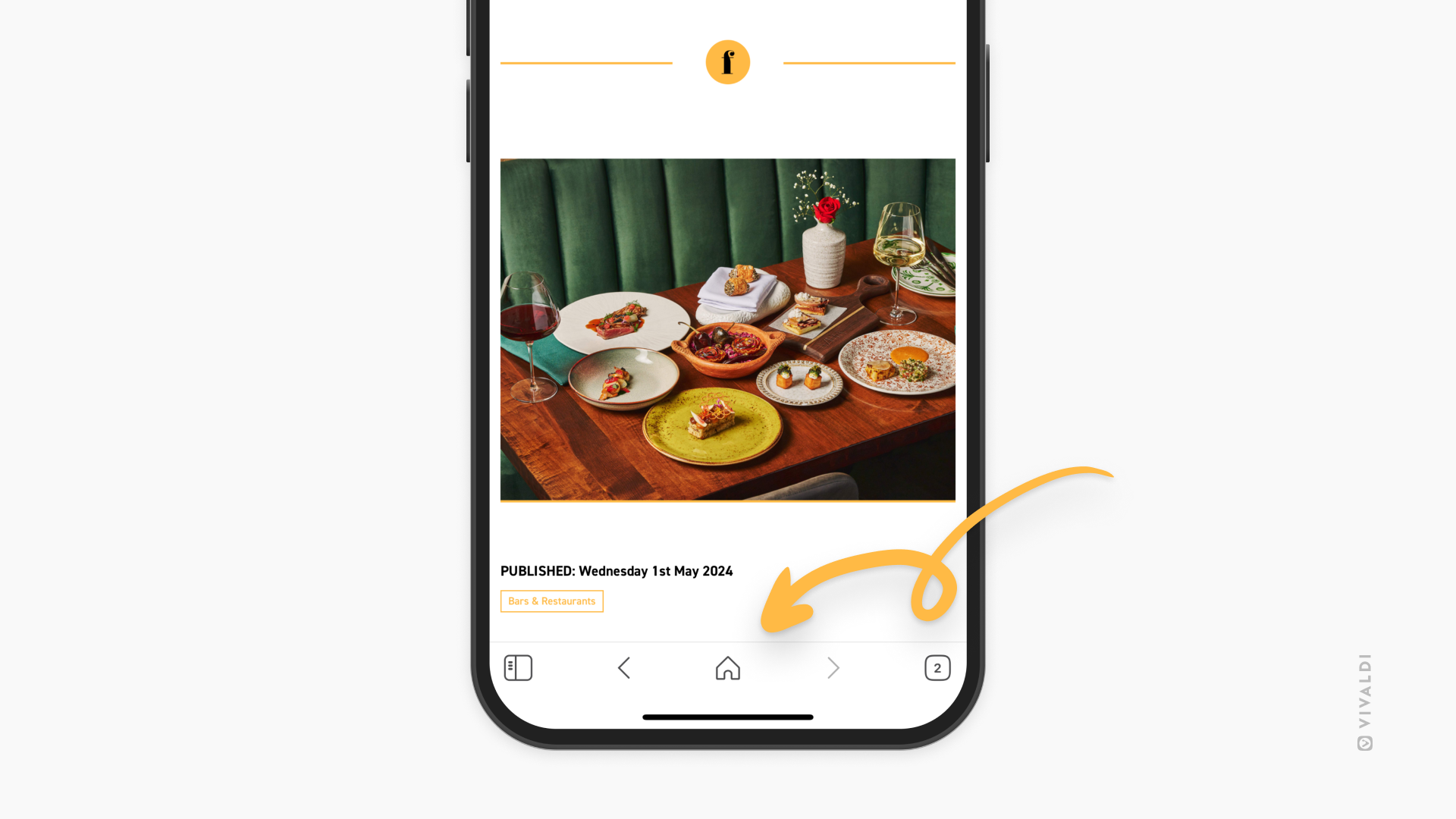 Vivaldi auf iOS, mit einem Pfeil, der auf die Home-Taste zeigt.