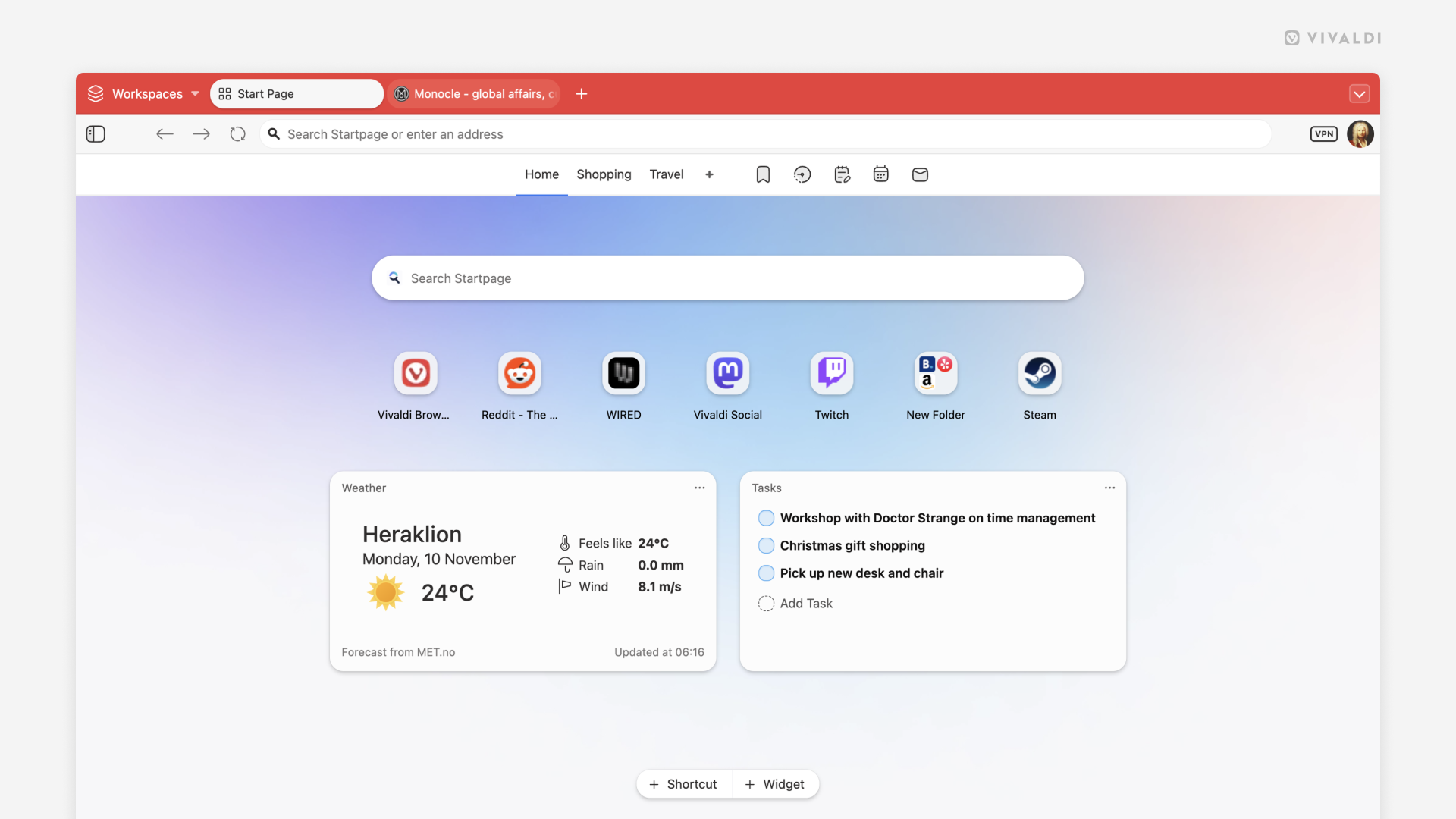 Start Page in the Vivaldi browser with a selection of Speed Dials and Widgets.