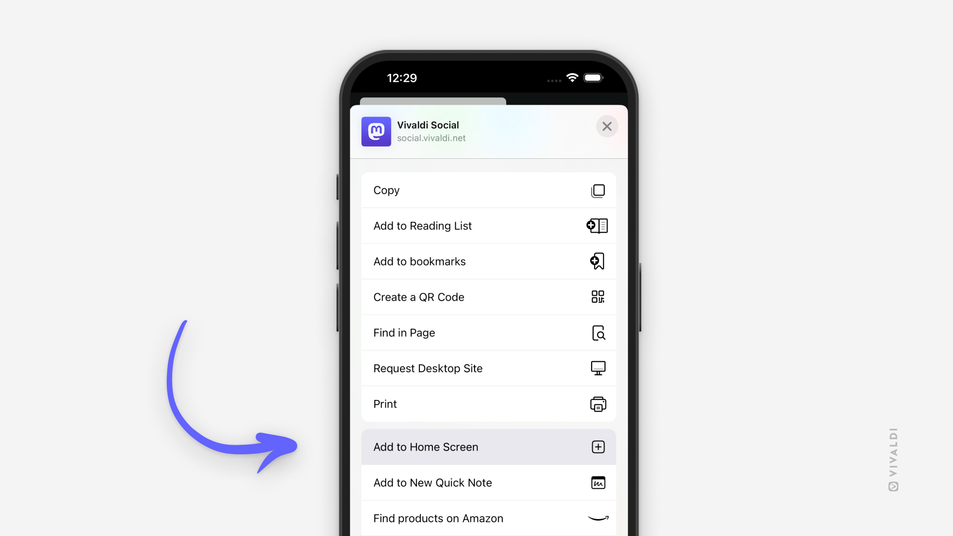 Vivaldi on iOS with the Share menu open. An arrow points at the "Add to Home Screen" option.