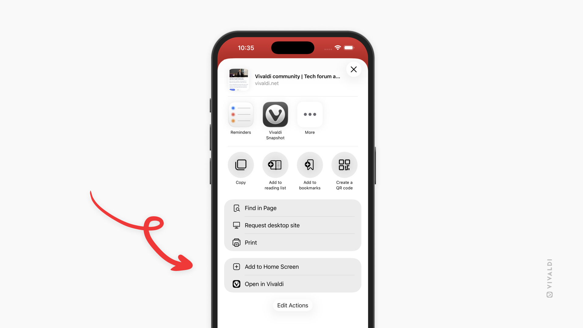 Vivaldi on iOS with the Share menu open. An arrow points at the "Add to Home Screen" option.