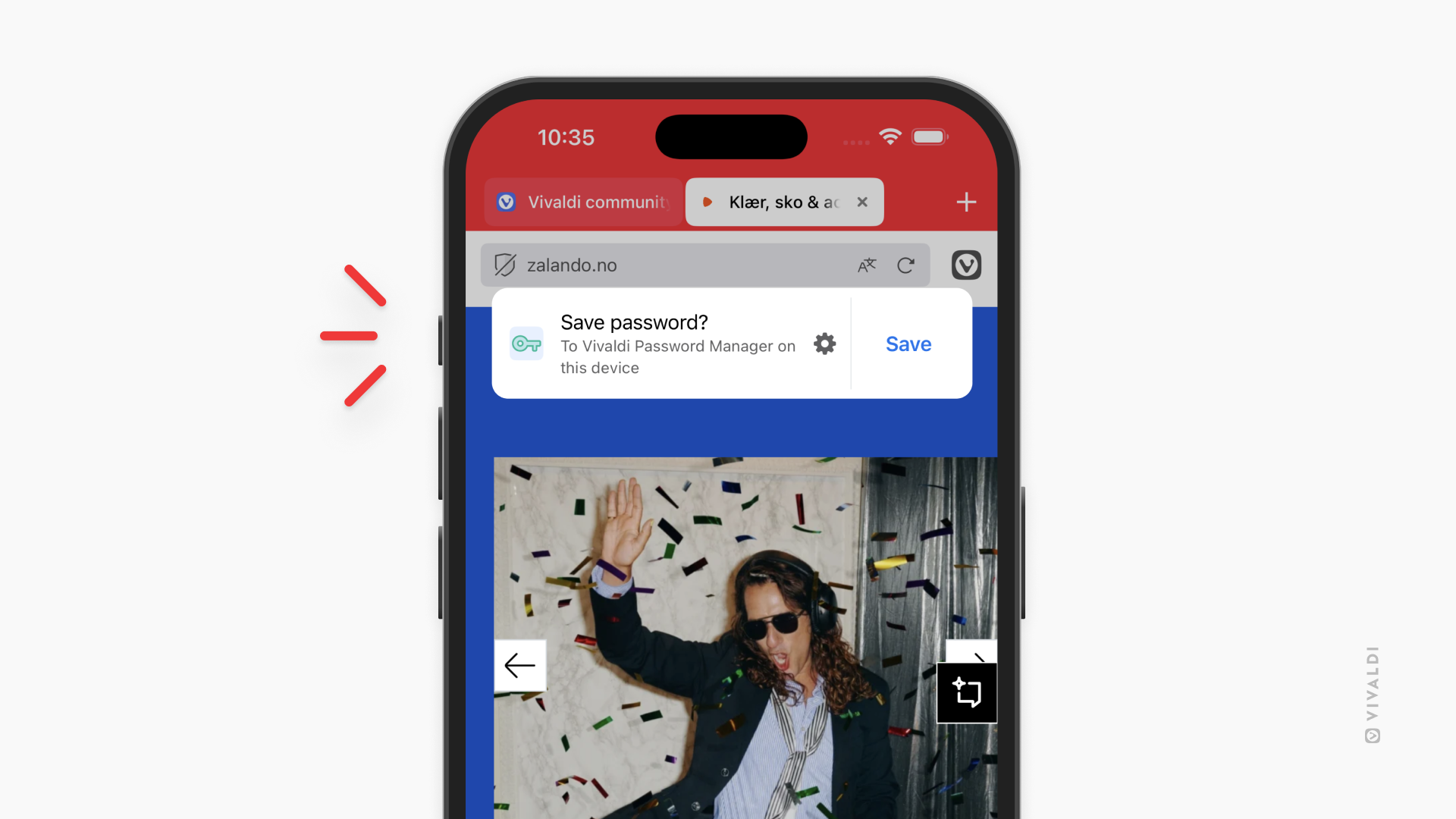 Страница, отворена във Vivaldi под iOS. Под лентата с адреси се показва банер, препоръчващ да запишете паролата за вписване.