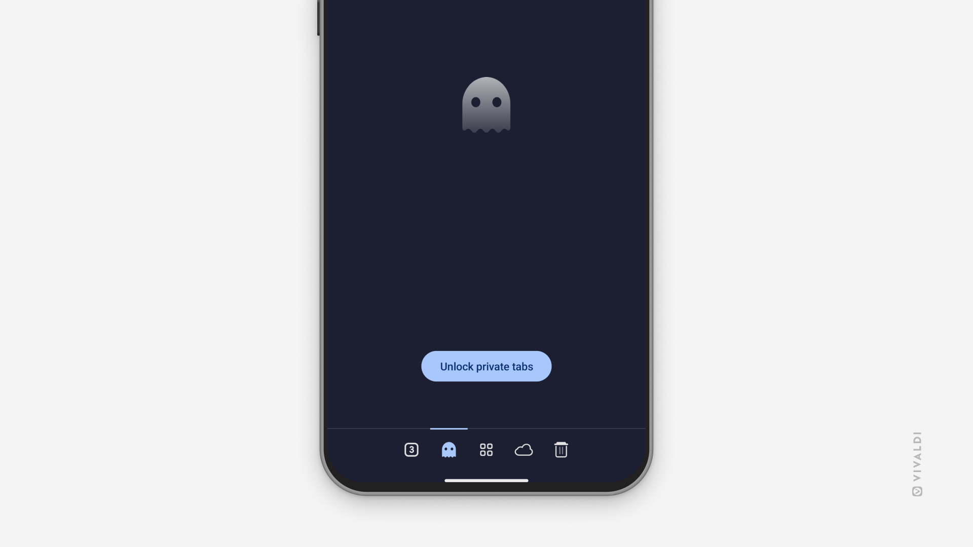 Vue des onglets privés verrouillée dans le sélecteur d’onglets de Vivaldi sur Android. 