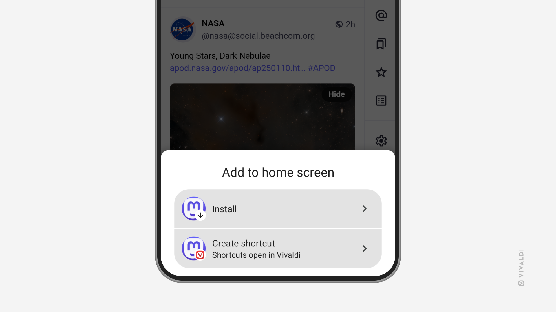 Menu Installer / Créer un raccourci dans Vivaldi sur Android.
