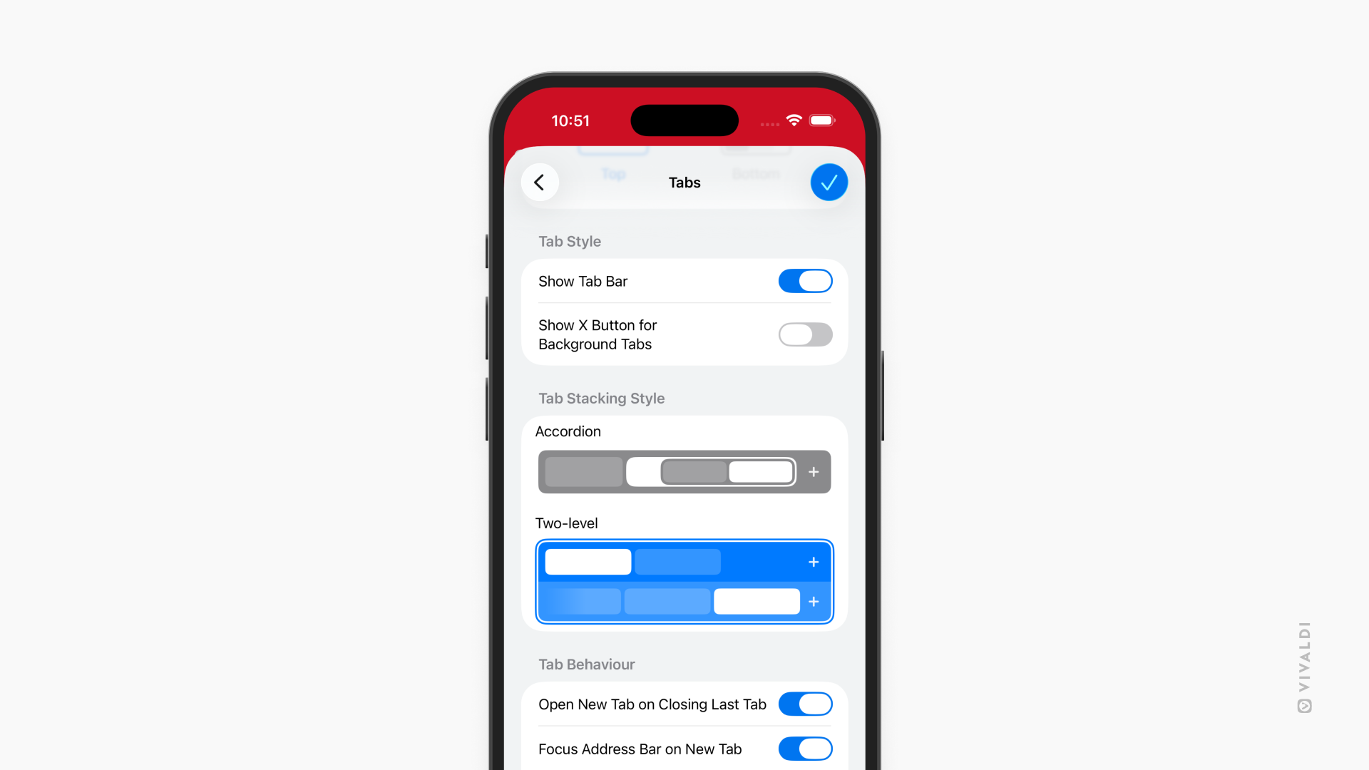 Tab Stack settings in Vivaldi on iOS.